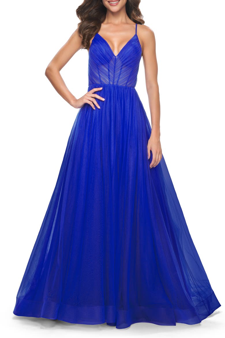 A-Line Prom Dress with Illusion Ruched Bodice, Alternate, color, Royal Blue