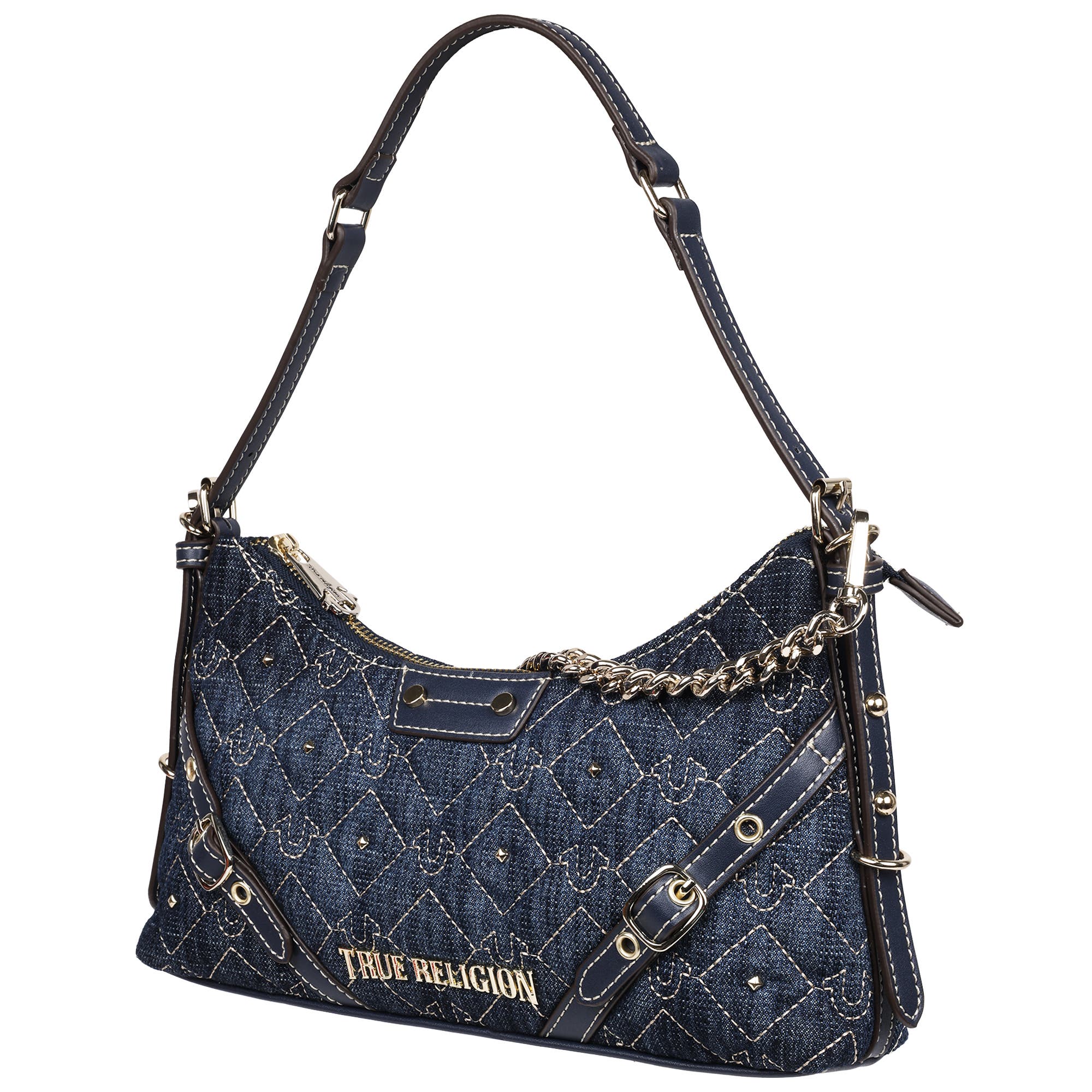 True Religion Studded Denim Chain Shoulder Bag, Alternate, color, Dark Denim
