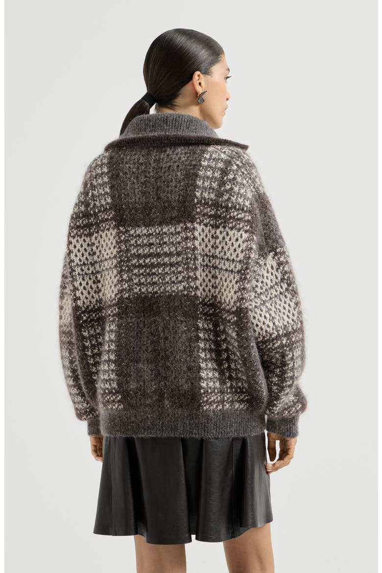 Dazzling tartan double knit outerwear jacket in mohair, virgin wool and cashmere with shiny zipper pull, Alternate, color, Anthracite