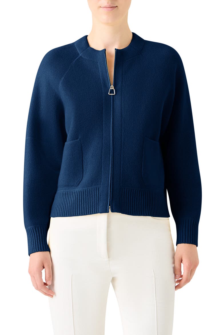 Cashmere Piqué Zip-Up Cardigan, Main, color, DENIM