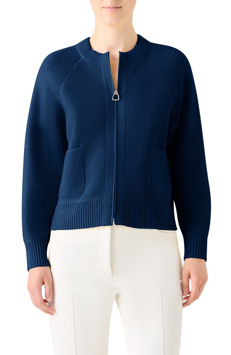 Akris Cashmere Piqué Zip-Up Cardigan, Main, color, Denim