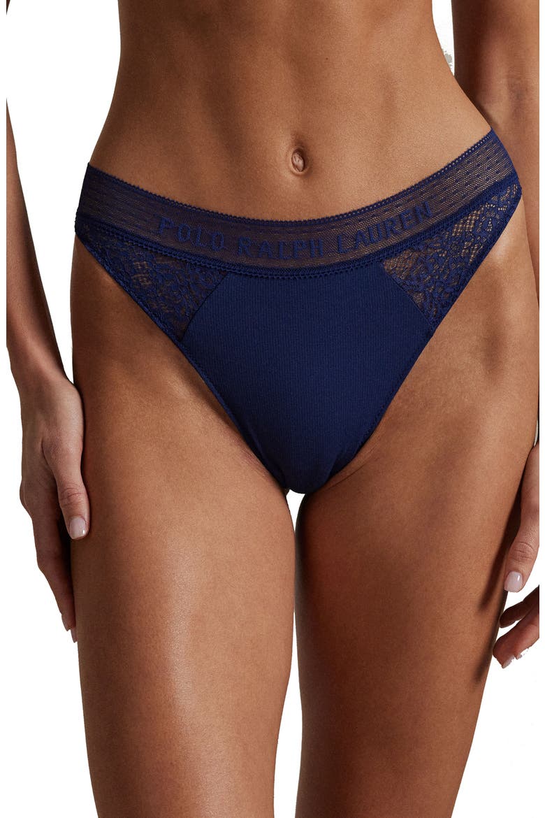 Lace & Stretch Cotton Rib Thong, Main, color, NAVY