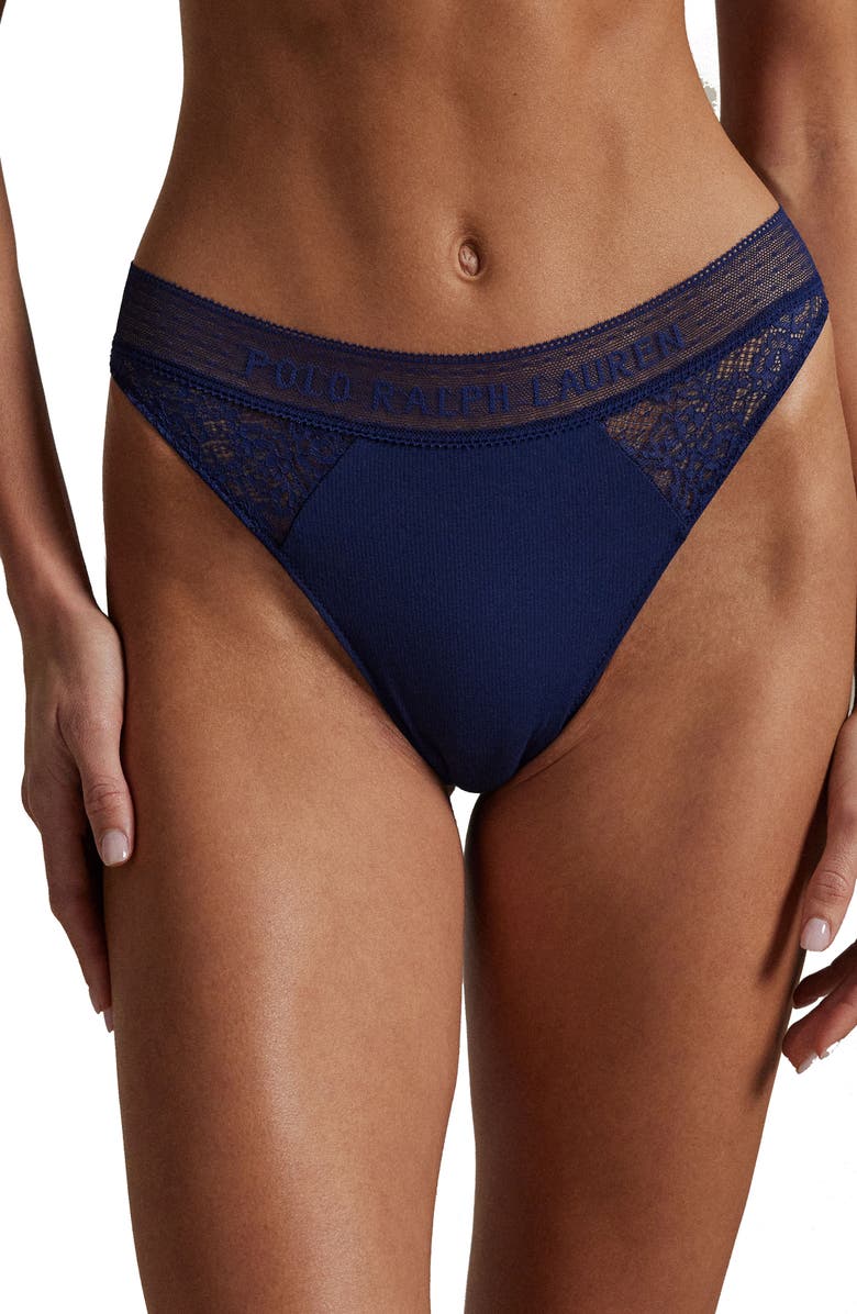 Polo Ralph Lauren Lace & Stretch Cotton Rib Thong, Main, color, Navy