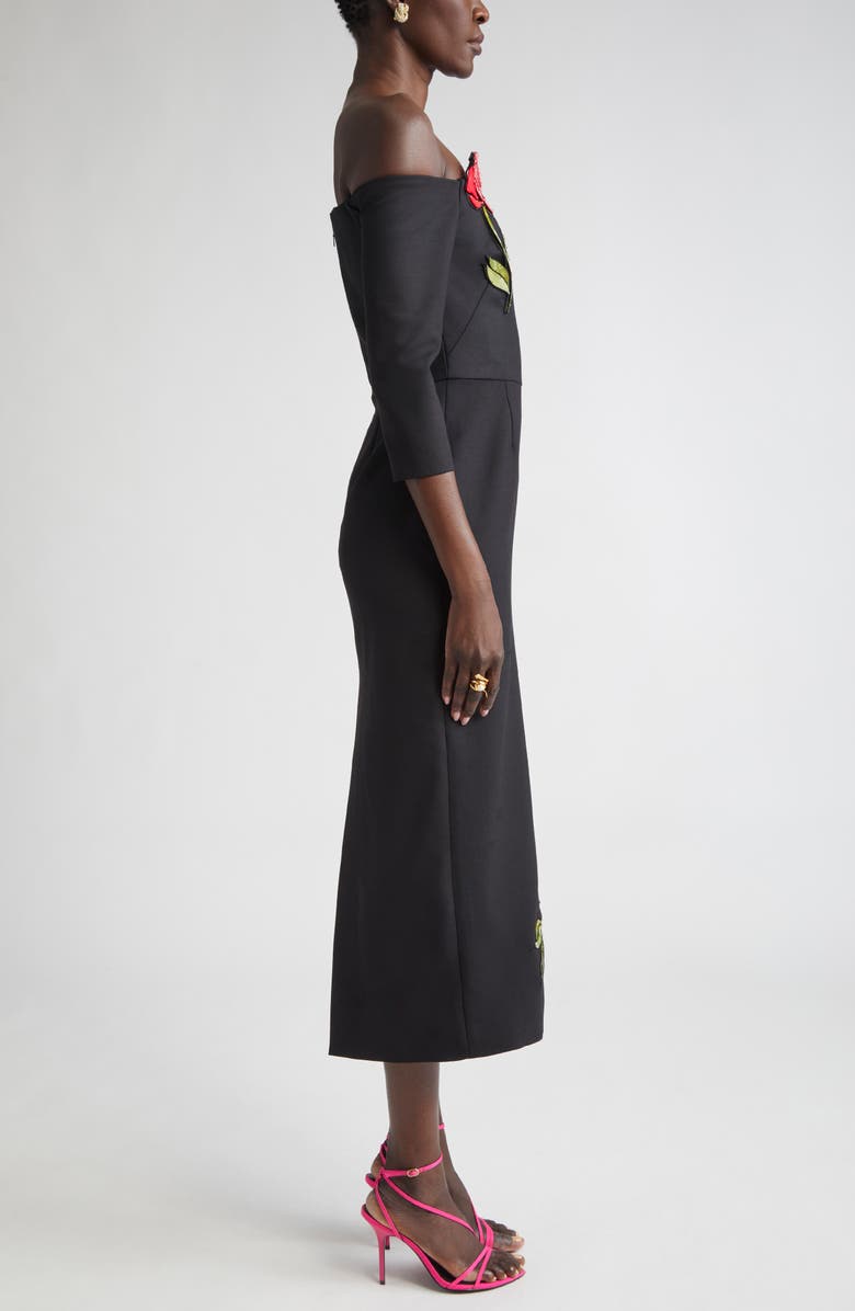 Oscar de la Renta Mosaic Rose Embroidered Off the Shoulder Midi Dress, Alternate, color, 