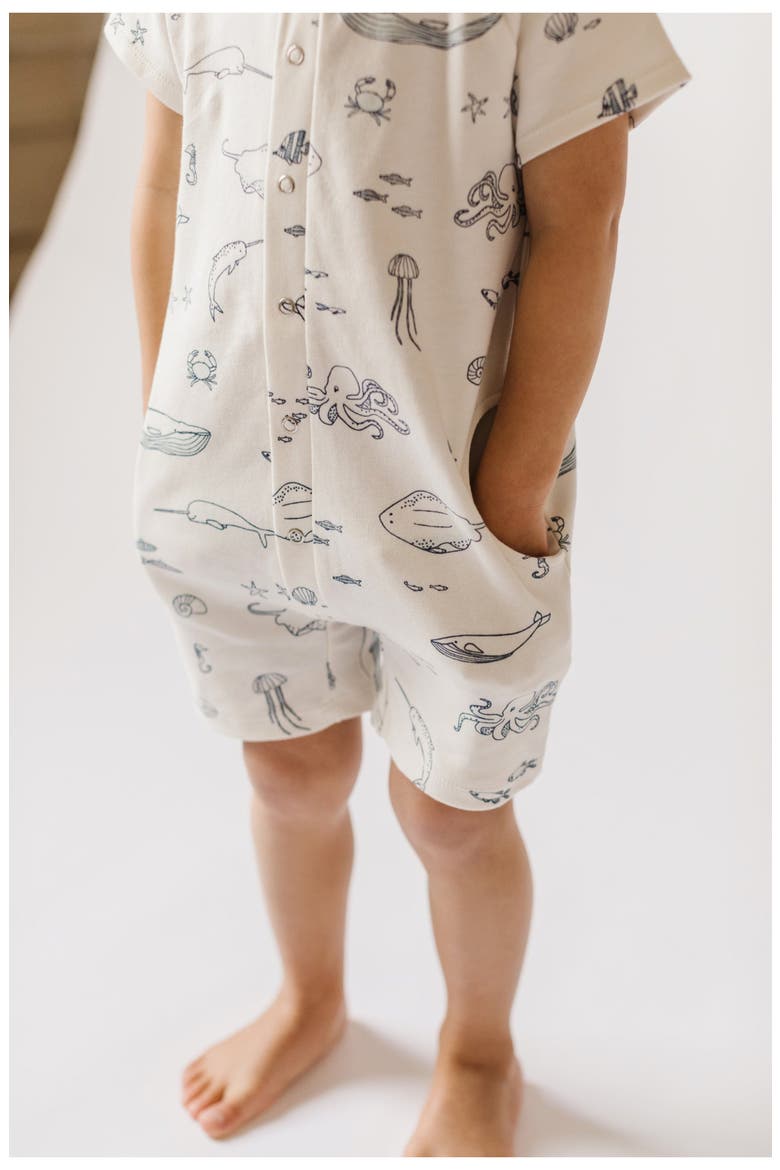 Print Short Sleeve Organic Cotton Romper, Alternate, color, LIFE AQUATIC