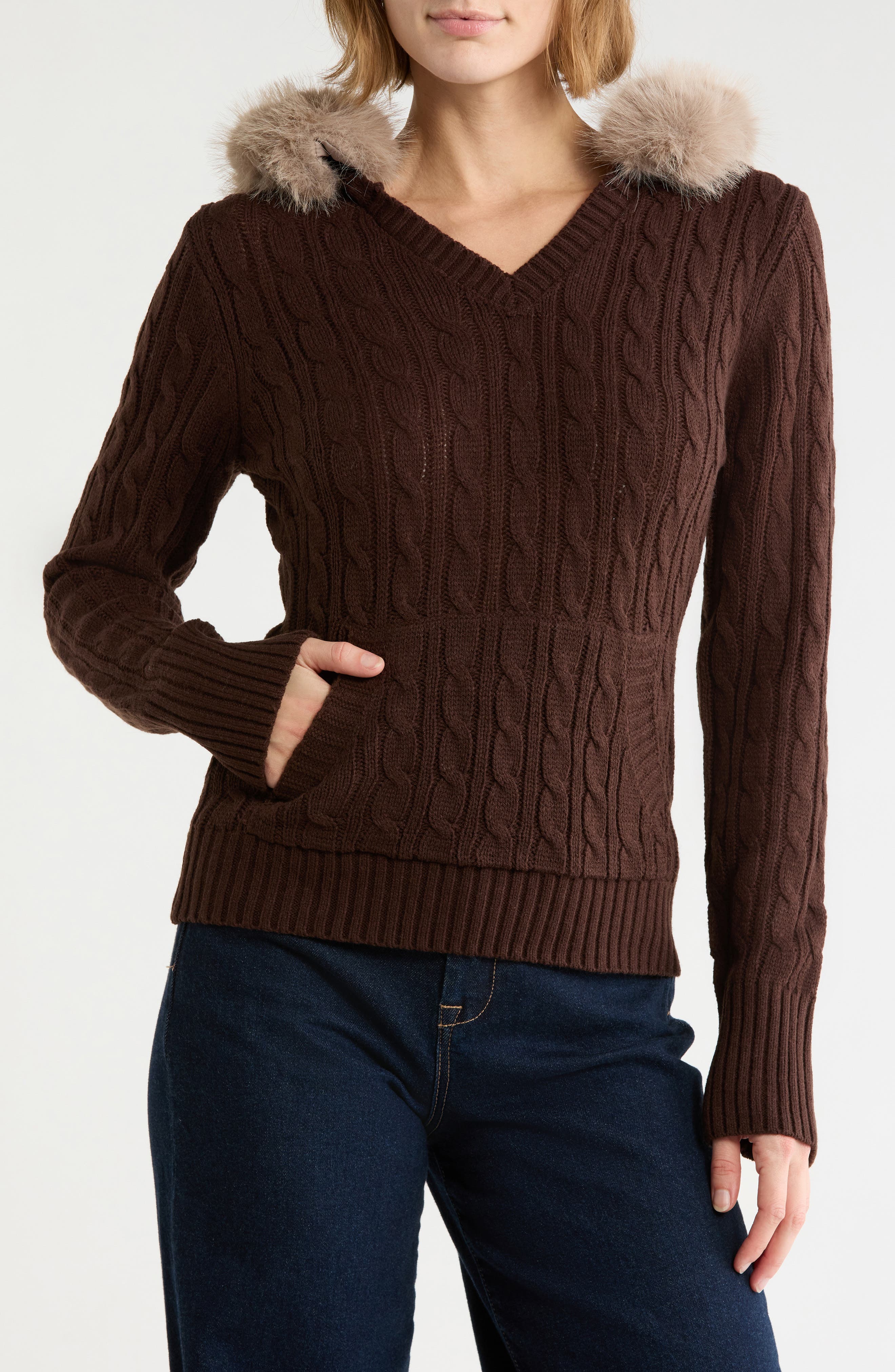 Faux Fur Trim Hoodie Sweater