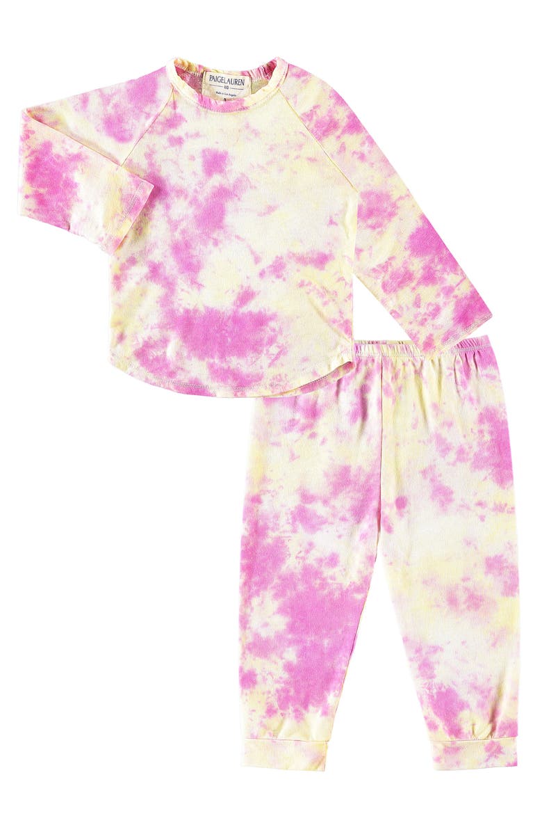 PAIGELAUREN Kids' Tie Dye Long Sleeve Top & Pants French Terry Lounge Set, Main, color, Yellow/ Pink