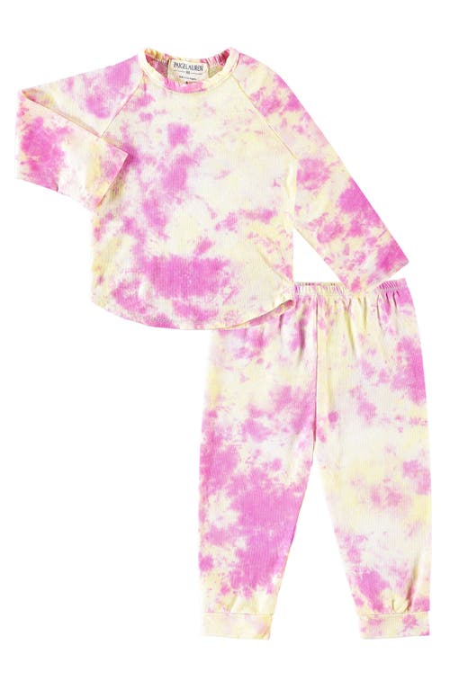 PAIGELAUREN Kids' Tie Dye Long Sleeve Top & Pants French Terry Lounge Set in Yellow/Pink 