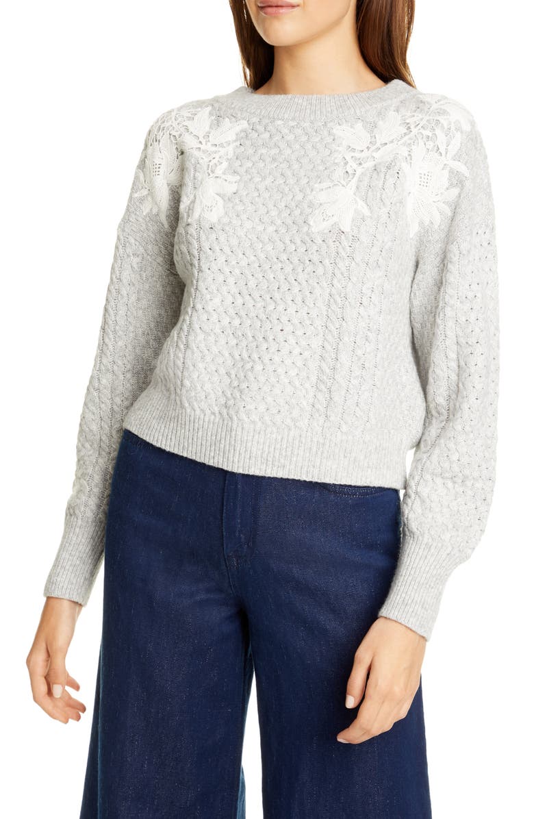 Rebecca Taylor Lace Appliqué Crewneck Sweater, Main, color,