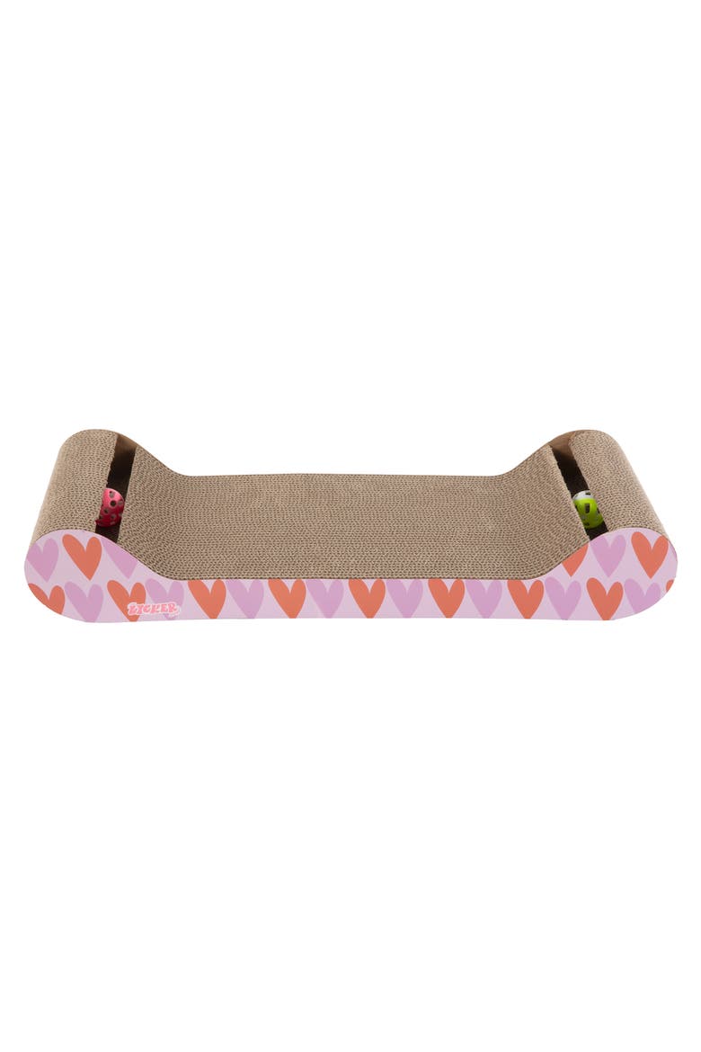 Rini Modern Cardboard Lounge Bed Cat Scratcher with Built-In Bell Toys and Catnip, Alternate, color, Pink/Red