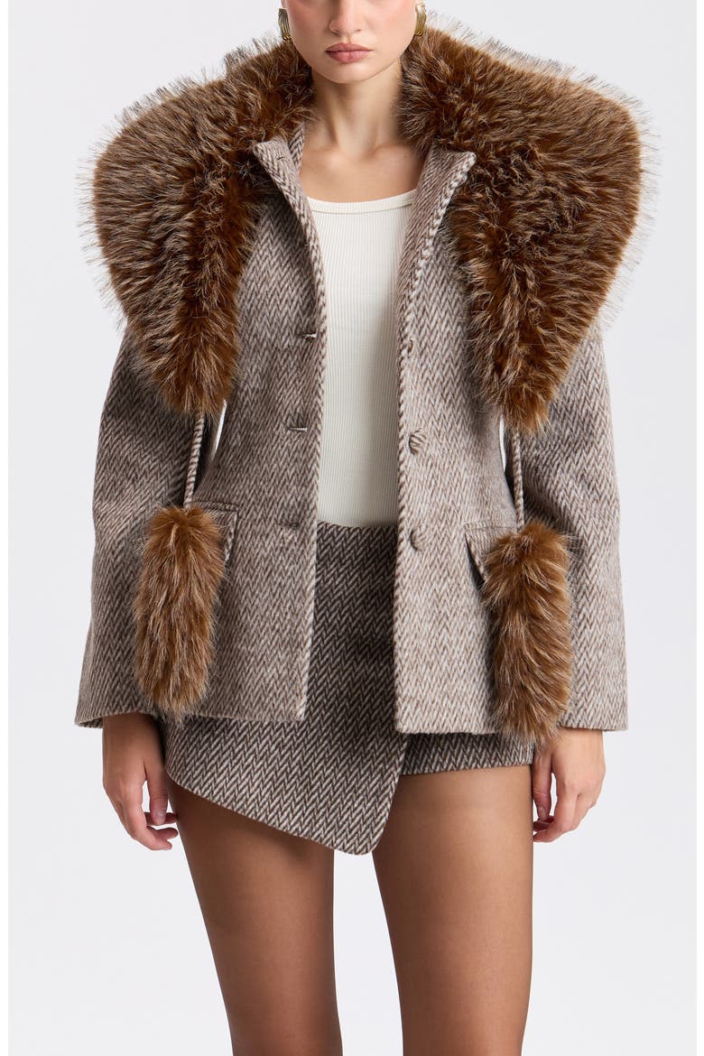 Chevron Blazer with Detachable Faux Fur Scarf, Alternate, color, GREY/ WHITE