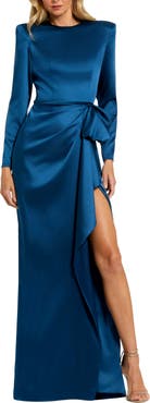 Mac Duggal Petite Long Sleeve Satin Structured Bow Draped Column Gown