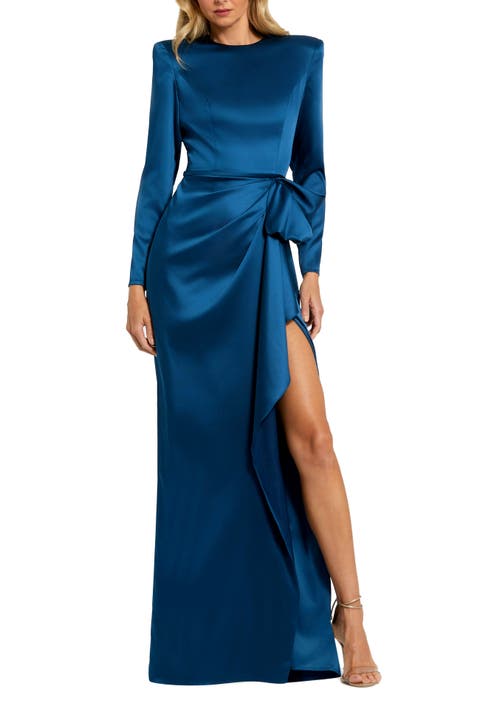 Mac Duggal Petite Long Sleeve Satin Structured Bow Draped Column Gown