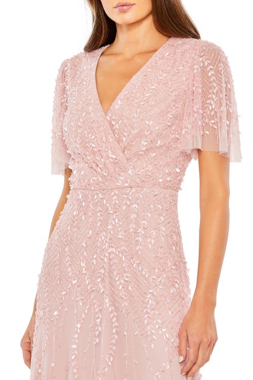 Mac Duggal Beaded Wrap Over Butterfly Sleeve Column Dress In Rose