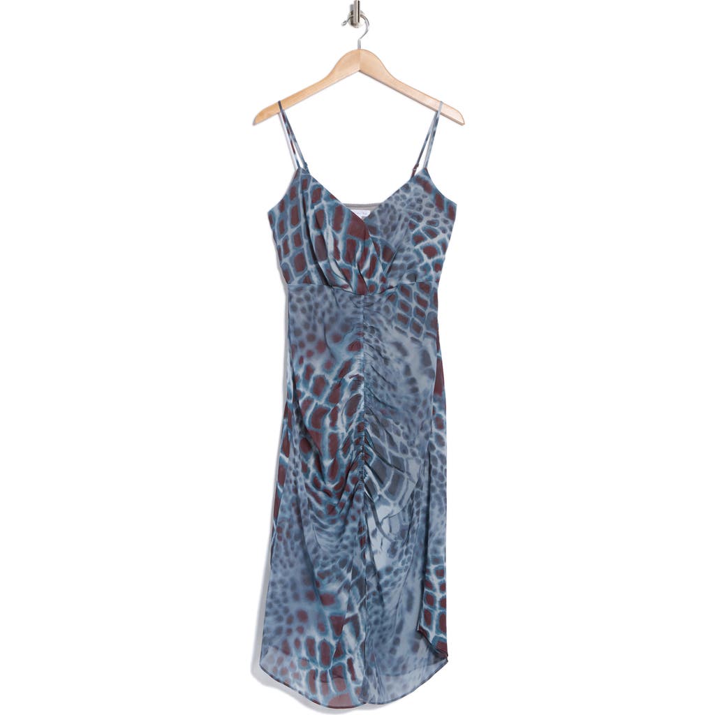 Socialite Ruched Cami Midi Dress In Blue/brown Animal