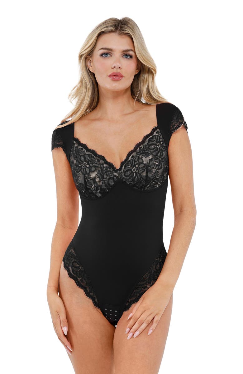 Popilush Shapewear Cap Sleeve Slimming Lace Cup Bodysuit, Alternate, color, Midnight Black
