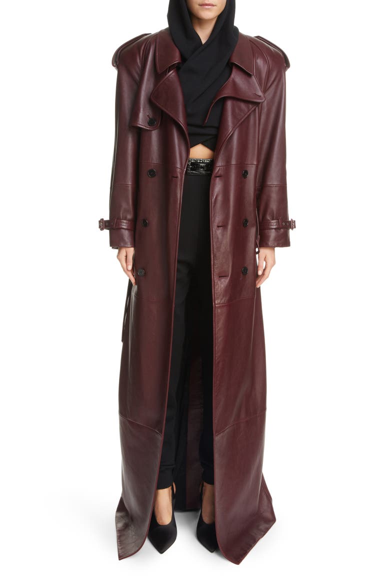 Classic Plunge Long Leather Trench Coat, Main, color, BORDEAUX