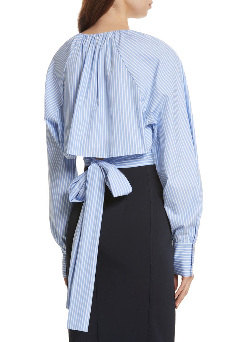 Diane von Furstenberg Keyhole Crop Cotton Blouse, Alternate, color, PALE BLUE/ WHITE WIDE STRIPE