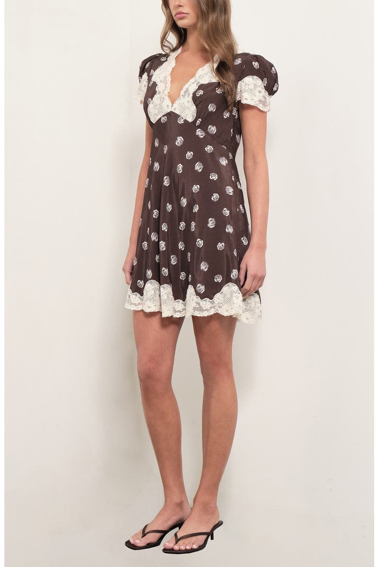 Suzy Lace Trim Minidress, Alternate, color, BROWN ROSE PRINT