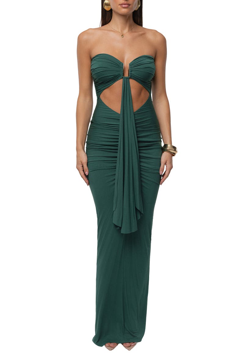 Drape Cutout Strapless Body-Con Maxi Cocktail Dress, Main, color, GREEN