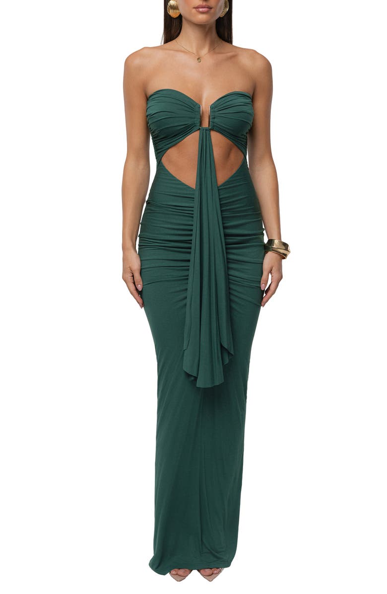 JLUXLABEL Drape Cutout Strapless Body-Con Maxi Cocktail Dress, Main, color, Green