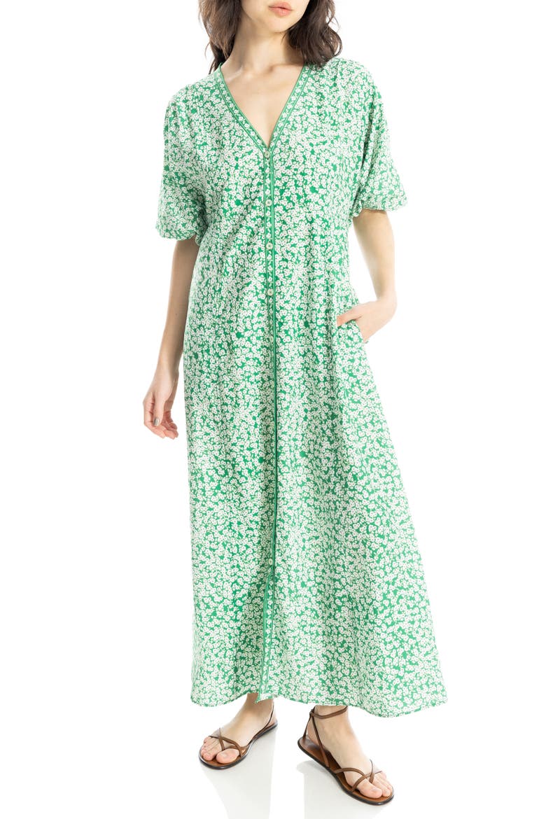 V-Neck Puff Sleeve Maxi Dress, Alternate, color, GREEN DAISY SPRINKLE