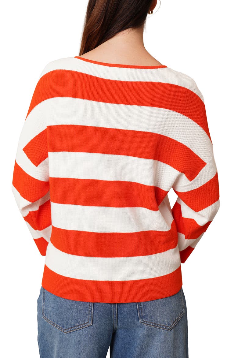 Stripe V-Neck Waffle Knit Sweater, Alternate, color, TANGERINE TANGO/ BRIGHT WHITE