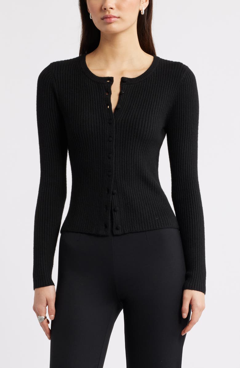 Open Edit Ribbed Crewneck Cardigan, Main, color, Black
