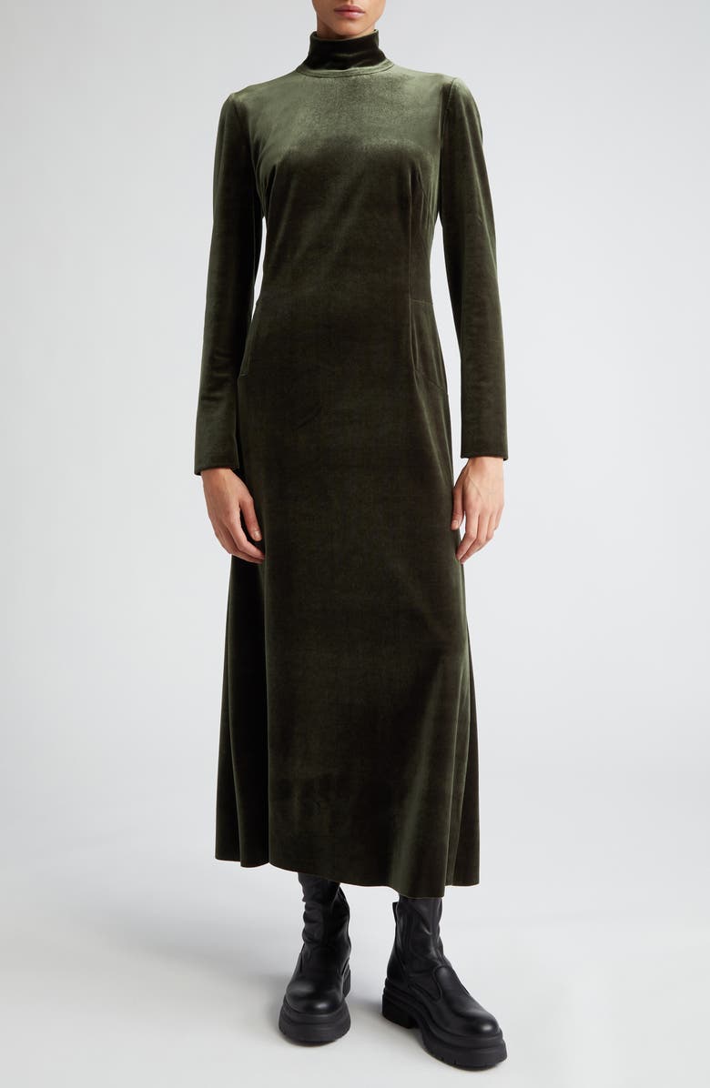 Akris Mock Neck Long Sleeve Fluid Stretch Velvet Gown, Main, color, 054 Moss
