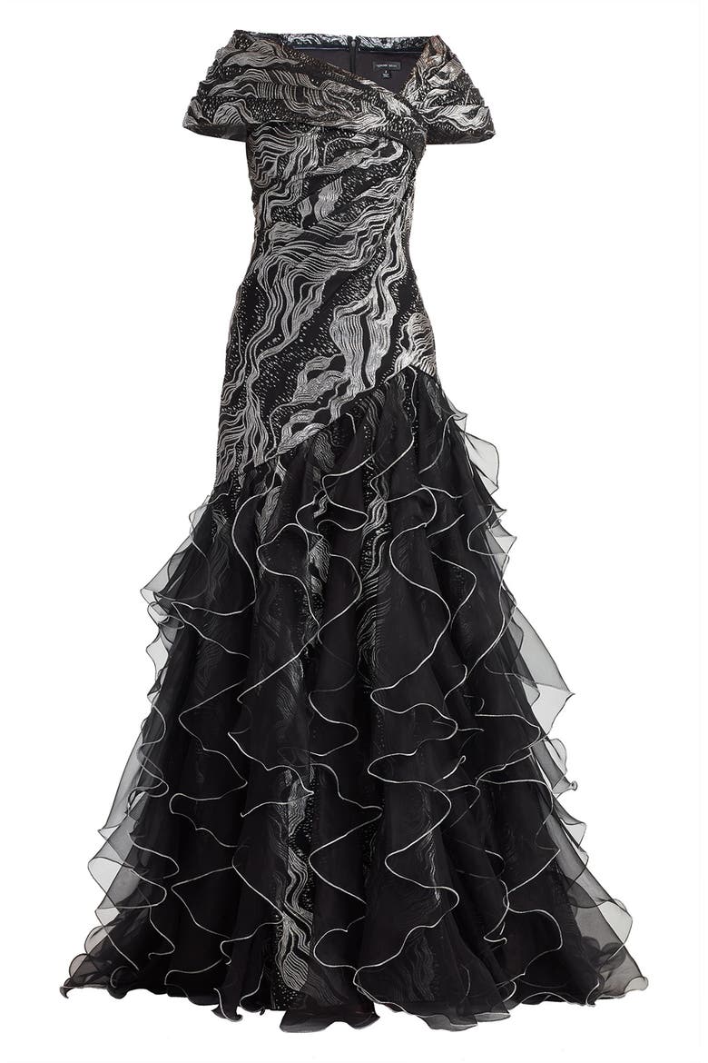 Jacquard Lace & Ruffle Gown, Alternate, color, SILVER/ BLACK