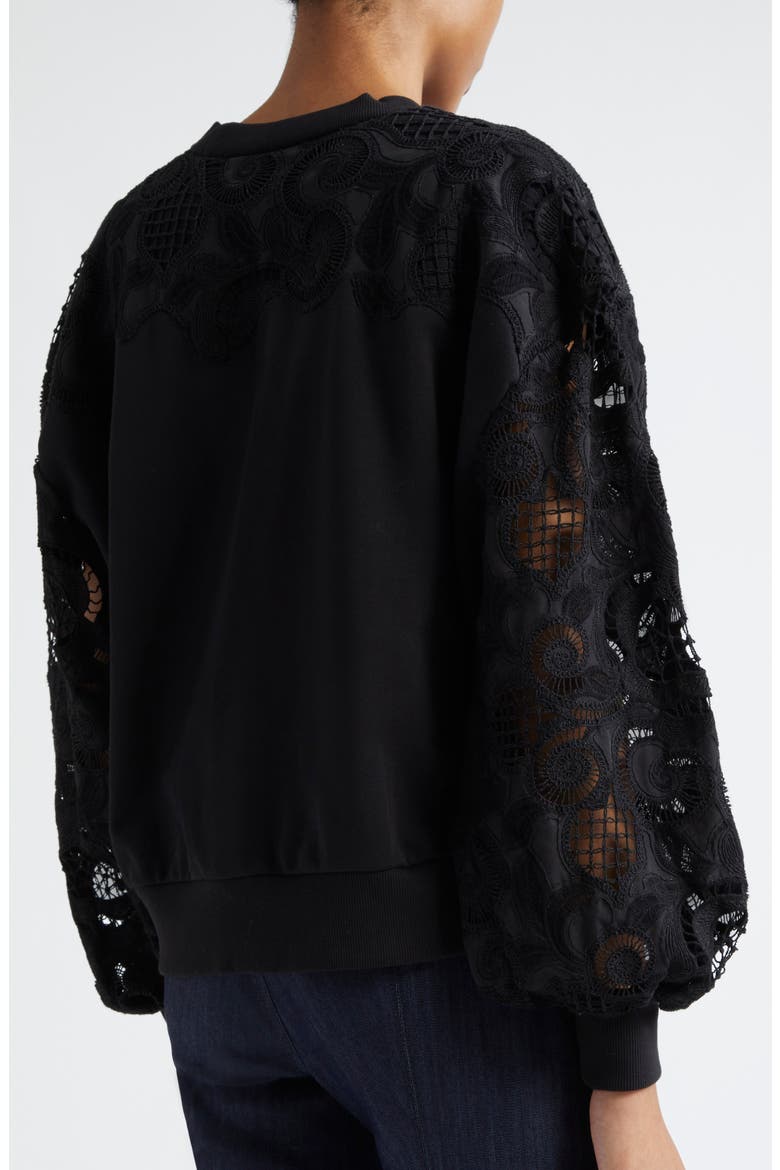 Lace Sleeve Cotton Sweatshirt, Alternate, color, BLACK