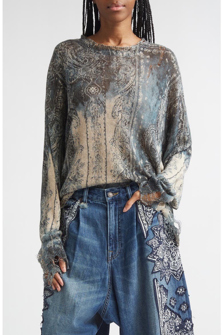 Paisley Ripped Linen Sweater, Main, color, BLUE FADED BANDANA