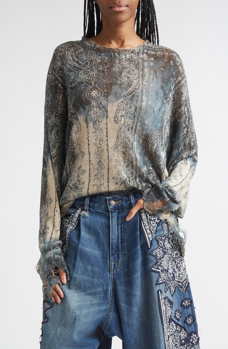 R13 Paisley Ripped Linen Sweater, Main, color, Blue Faded Bandana