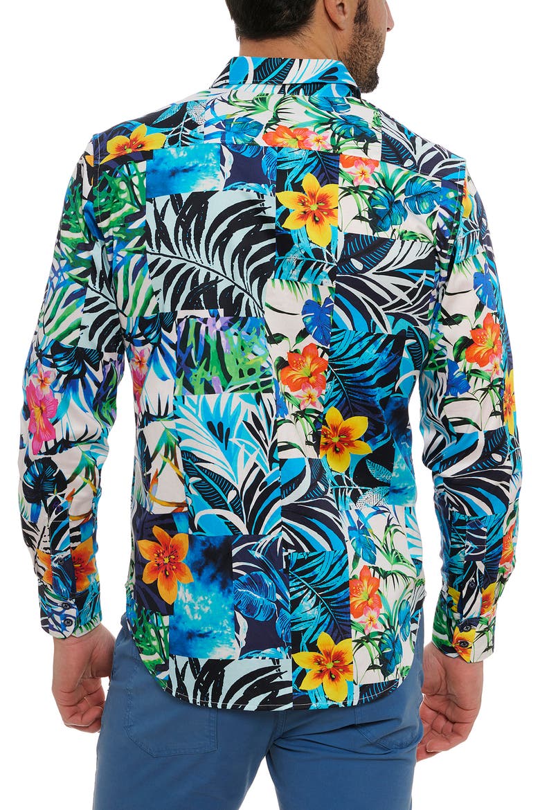 Tahiti Floral Stretch Cotton Button-Up Shirt, Alternate, color, BLUE MULTI