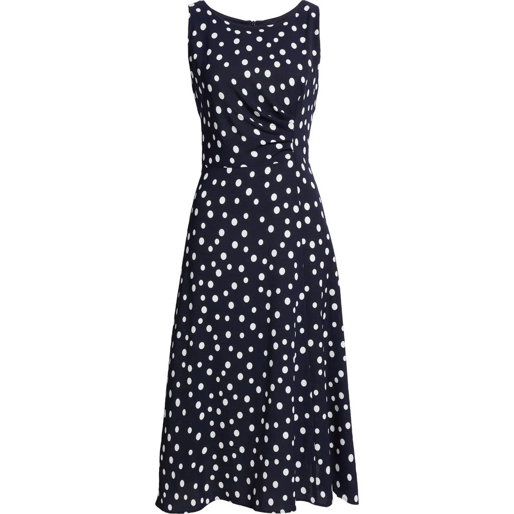 Connected Apparel Dot Side Pleat Sleeveless Midi Dress In Navy