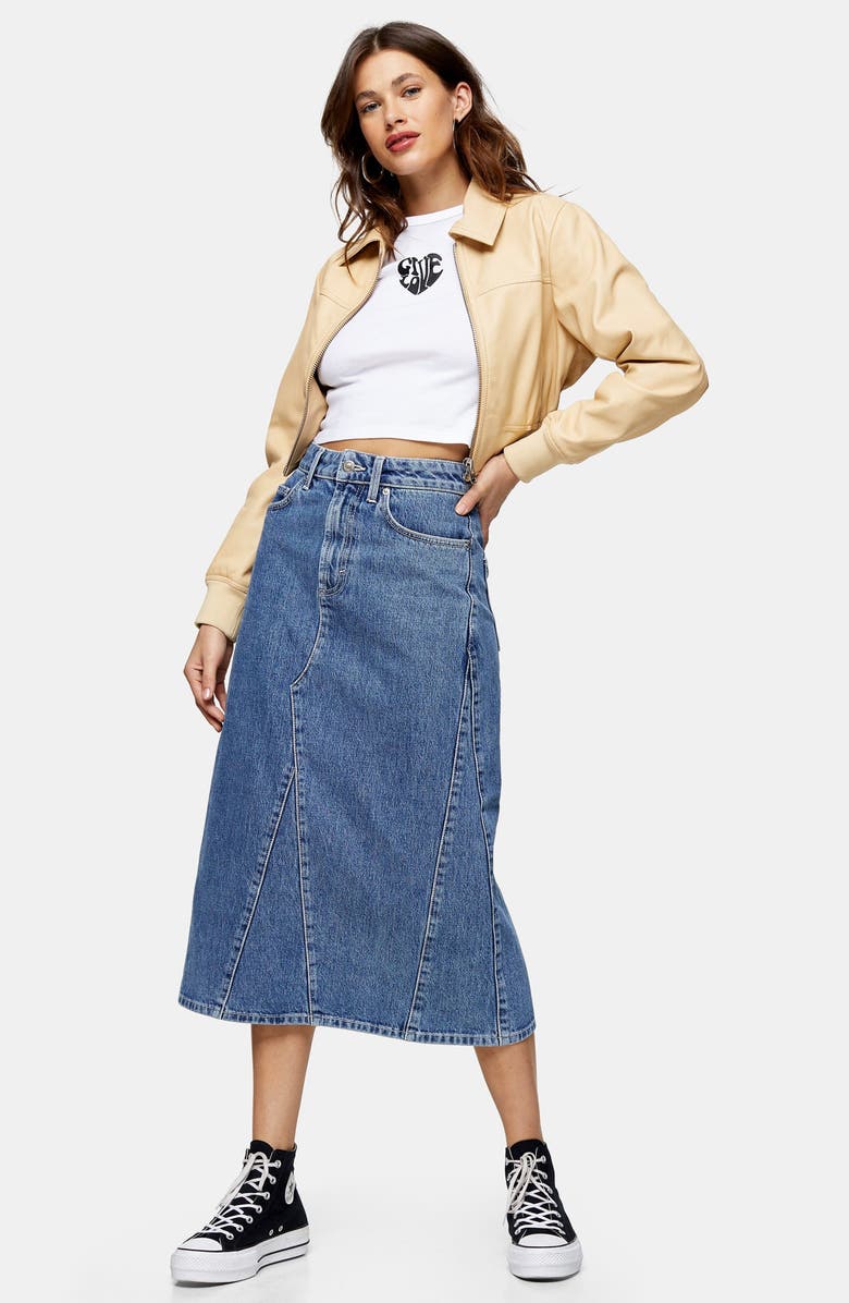 Topshop A-Line Denim Skirt, Alternate, color, 