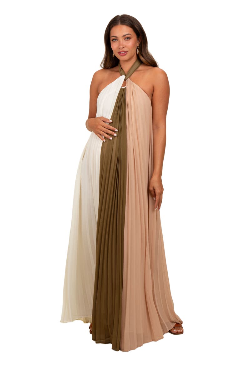 Pleated Halter Neck Maxi Dress, Main, color, Olive Green