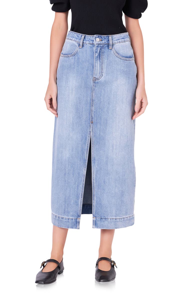 High Waist Denim Midi Skirt, Main, color, BLUE