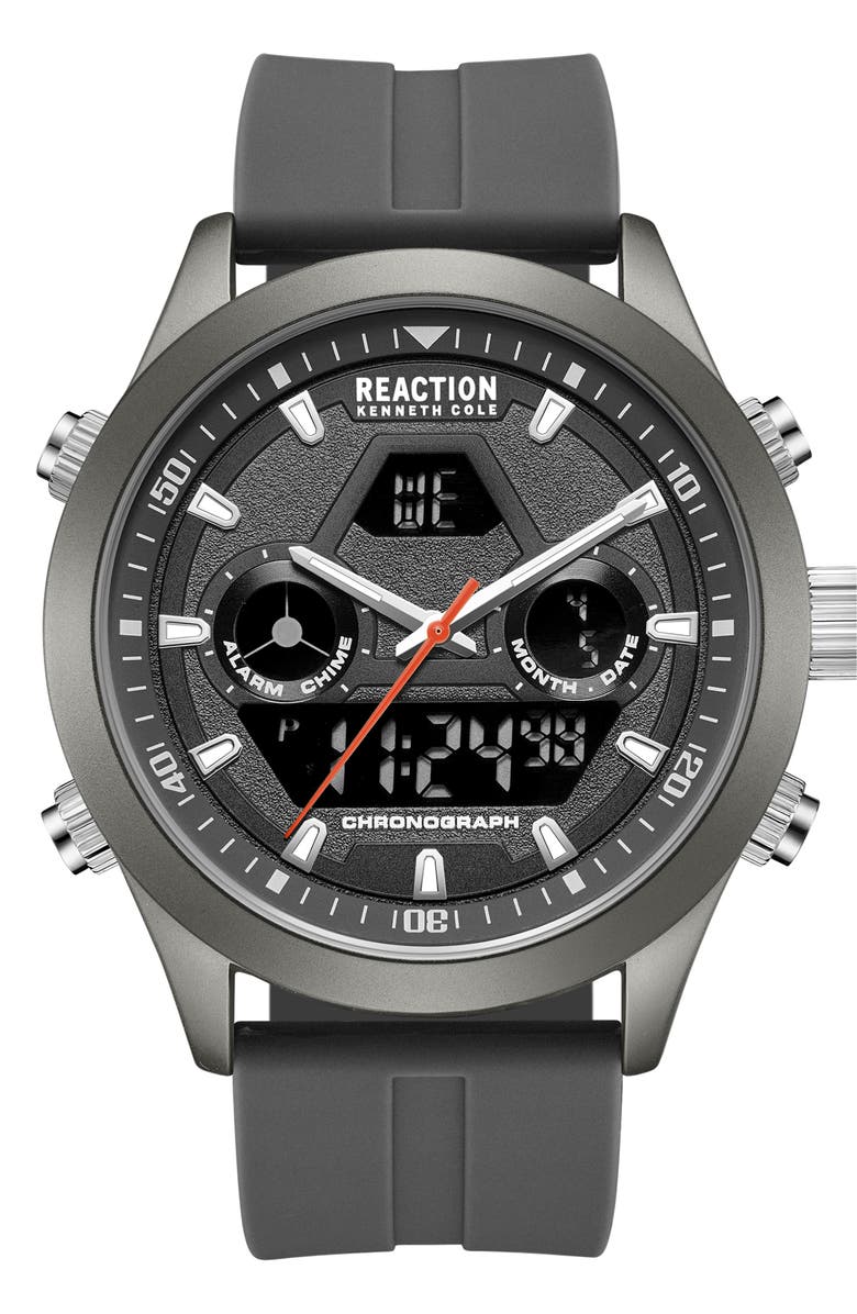 Kenneth Cole Reaction Analog Digital Silicone Strap Chronograph Watch, 47mm, Main, color, Gray