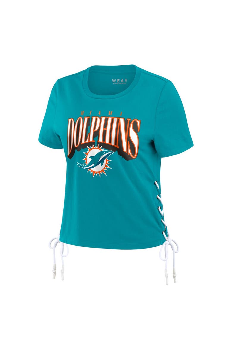 Women's WEAR by Erin Andrews Aqua Miami Dolphins Lace Up Side Modest Cropped T-Shirt, Alternate, color, Aqua