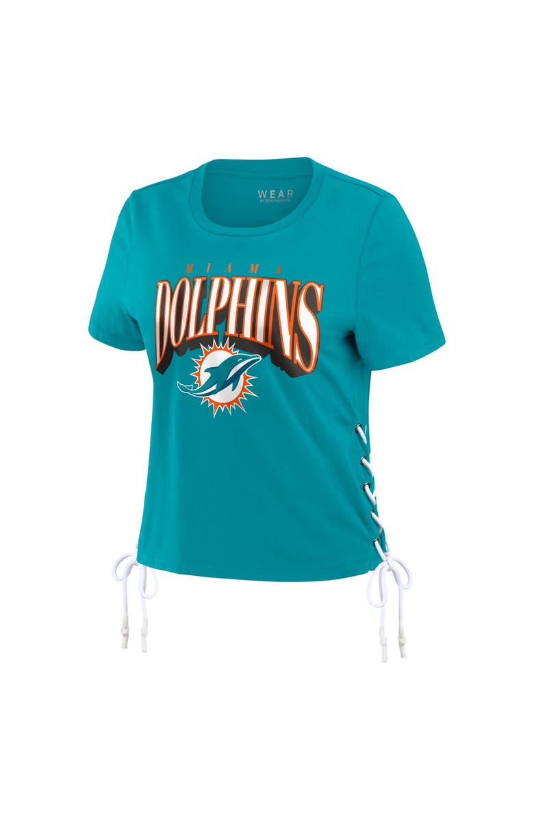 WEAR by Erin Andrews Women's WEAR by Erin Andrews Aqua Miami Dolphins Lace Up Side Modest Cropped T-Shirt, Alternate, color, Aqua