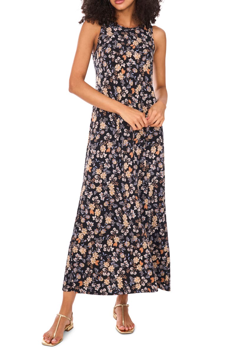 Vince Camuto Floral Sleeveless Jersey Maxi Dress, Main, color, Rich Black