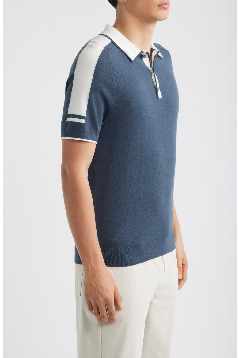 Brunswick Intarsia Stripe Wool & Cotton Polo Sweater, Alternate, color, STEEL BLUE/ WHITE