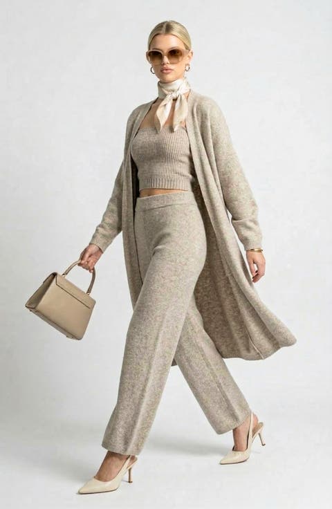 Three Piece Ribbed Knit Set with Long Cardigan, Cropped Top and Wide Leg Pants