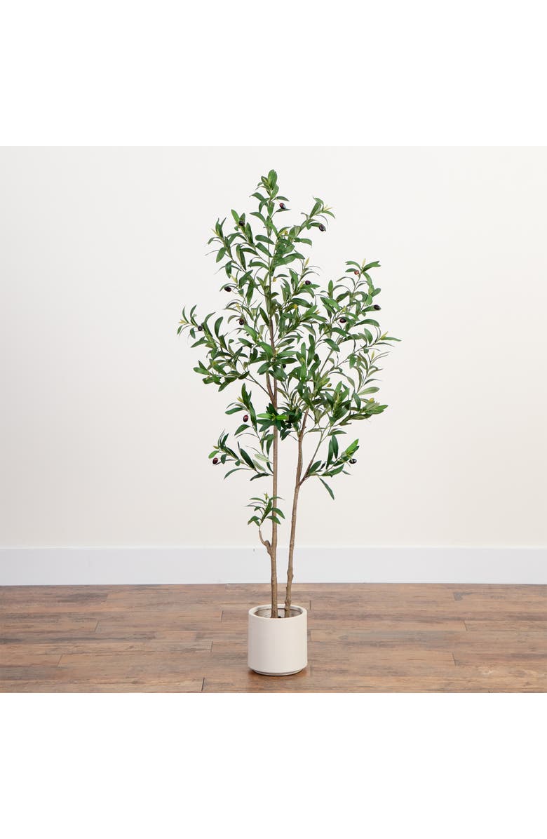 NEARLY NATURAL 5-ft Artificial Minimalist Olive Tree in White Decorative Planter, Alternate, color, Green