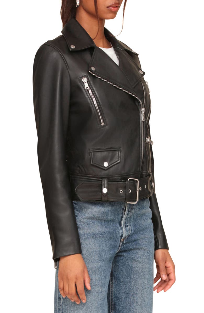 Avec Les Filles Belted Leather Biker Jacket, Alternate, color, Black