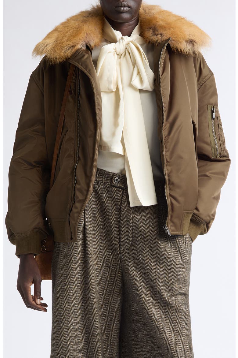 Bomber Jacket with Genuine Shearling Collar, Main, color, KAKI/ CHAMOIS/ GRIS/ ORANGE