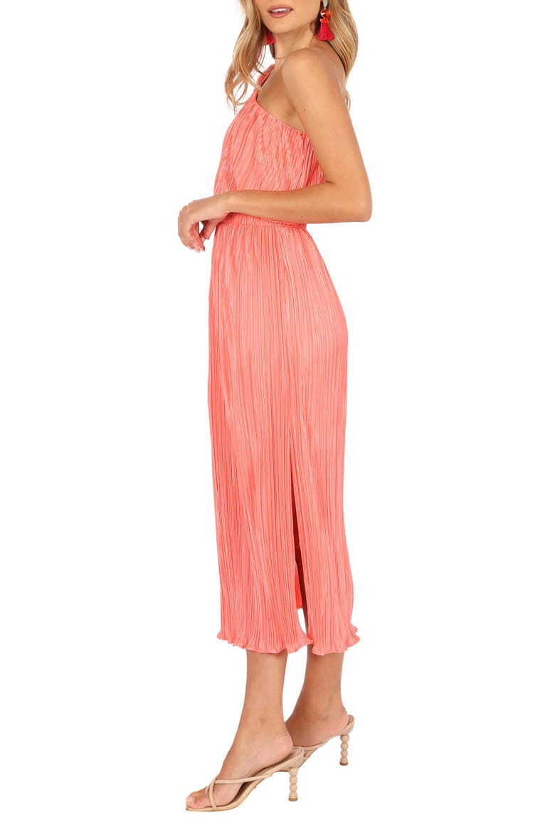 Pontee Pleated One-Shoulder Midi Dress, Alternate, color, CORAL