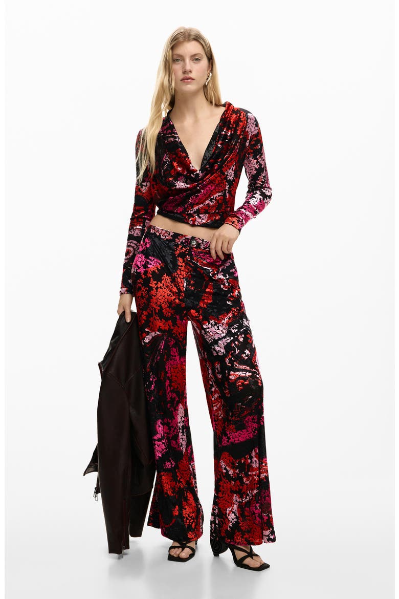 Floral Print Cowl Neck Long Sleeve Shirt, Alternate, color, BLACK