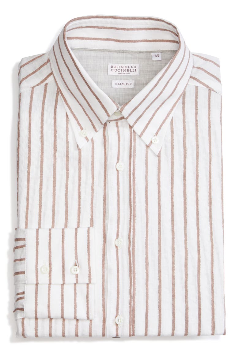 Slim Fit Stripe Linen Button-Down Shirt, Alternate, color, LIGHT BROWN